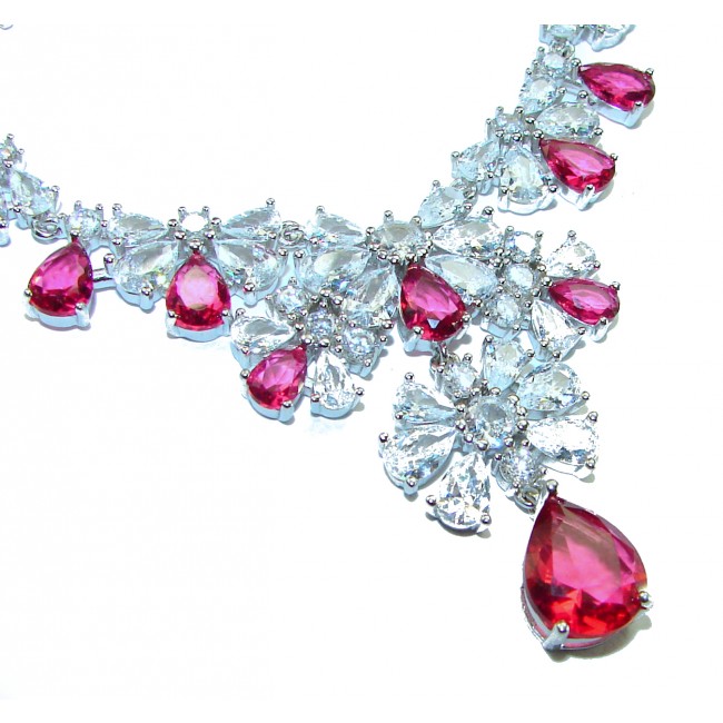 Giovanna - Magnificent Jewel 22.5 carat Ruby .925 Sterling Silver handcrafted incredible Statement necklace - Close-up of ruby and crystal necklace detailing.