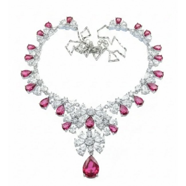 Giovanna - Magnificent Jewel 22.5 carat Ruby .925 Sterling Silver handcrafted incredible Statement necklace - Front view of ruby and diamond necklace with central drop pendant.