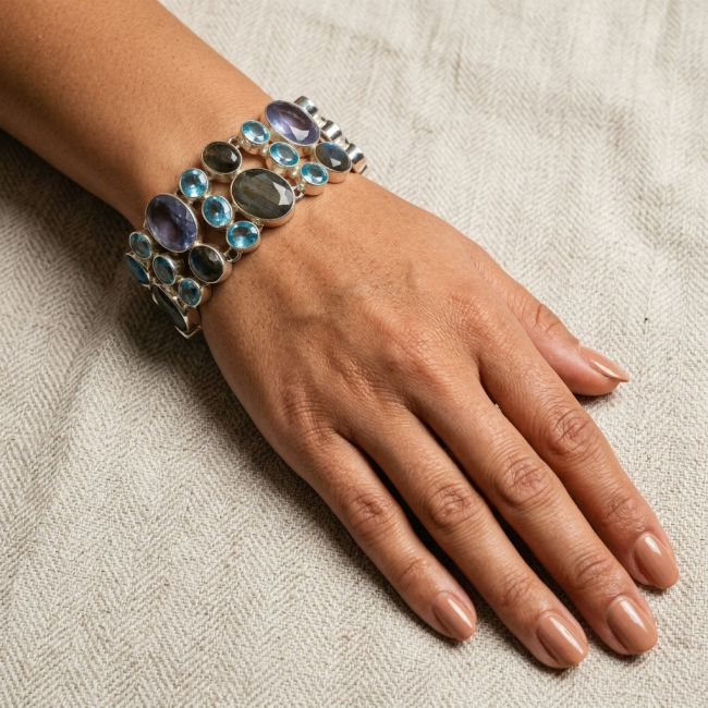 Spectacular Mesmerizing Glow 154.5 carat Silky Labradorite .925 Sterling Silver handmade Bracelet