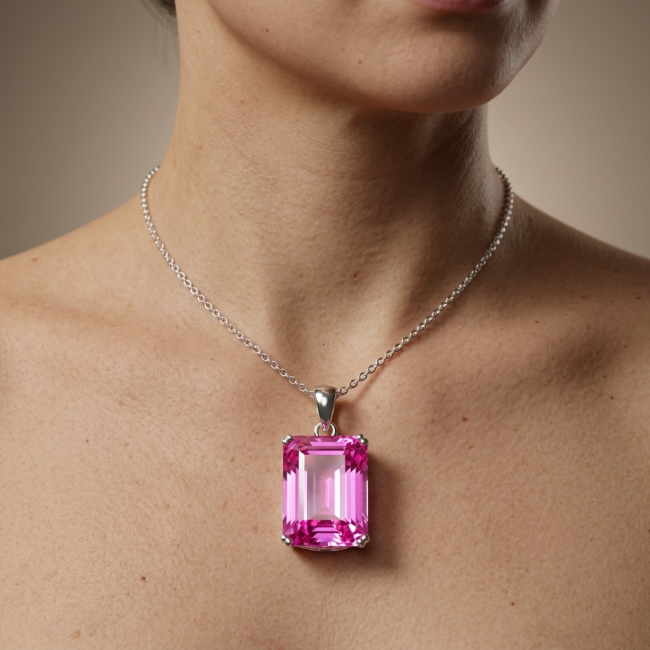 Incredible emerald cut 21.8 carat Pink Sapphire .925 Sterling Silver handcrafted pendant