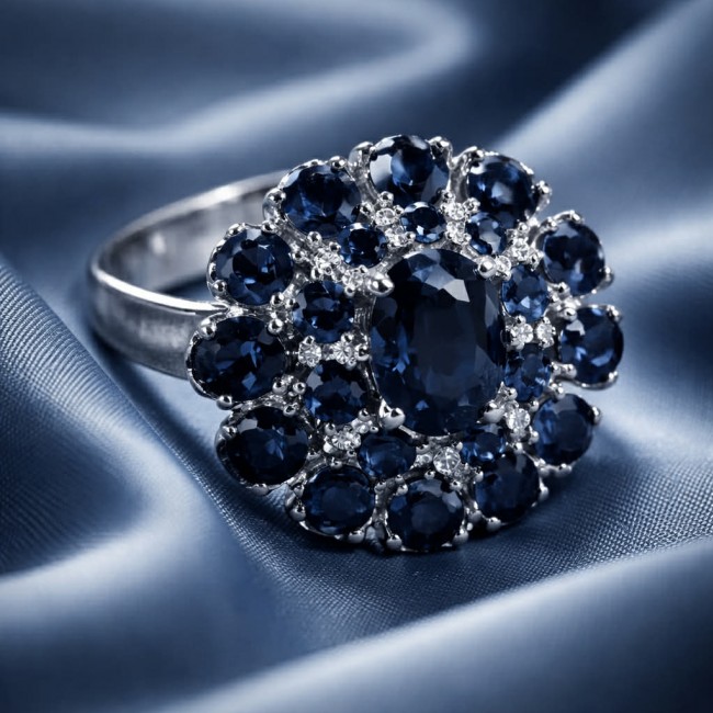 Born to Glam 12.2 carat natural Sapphire .925 Sterling Silver Perfectly handcrafted Ring s. 7 1/4 - Close-up of Born to Glam Sapphire ring on satin fabric