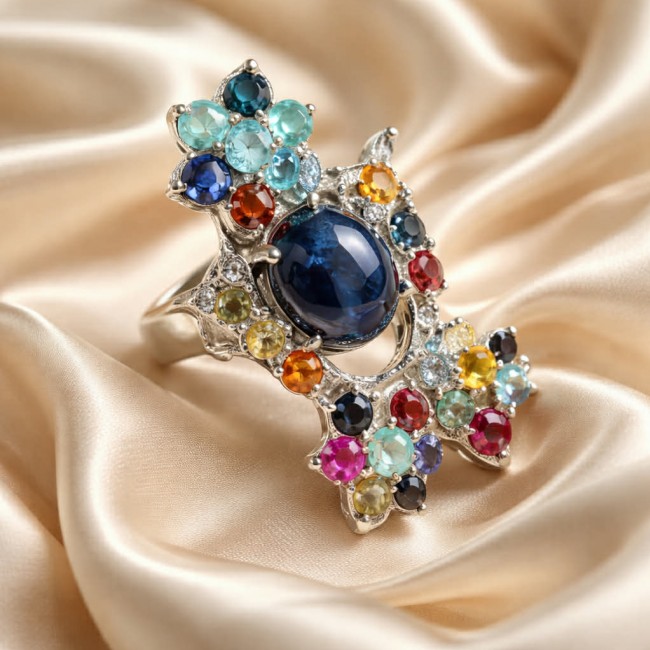 Classic design Genuine 16.5 carat Star Sapphire .925 Sterling Silver handcrafted Ring size 7 - Classic design 16.5 carat star sapphire ring, top view on satin fabric.