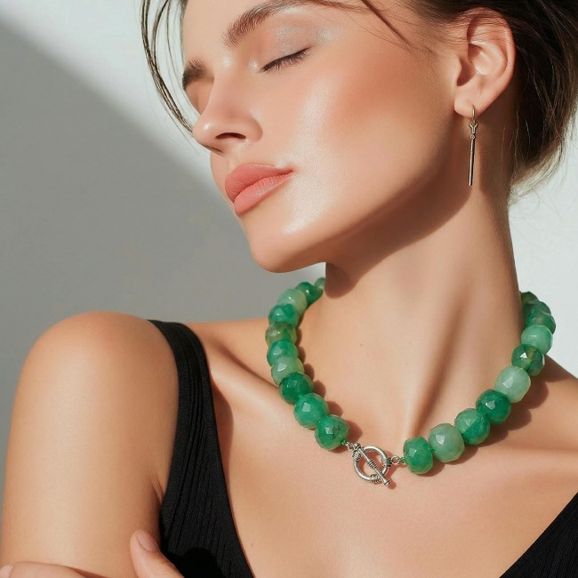 One of the kind authentic 242.5 carat Green Jade . 925 Sterling Silver necklace