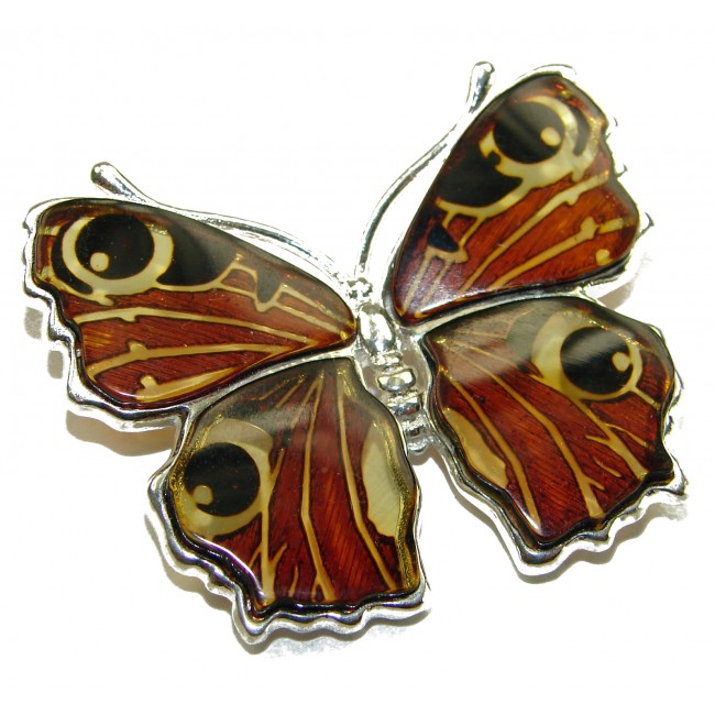 Large Golden Butterfly carved Baltic Polish Amber .925 Sterling Silver handcrafted Pendant