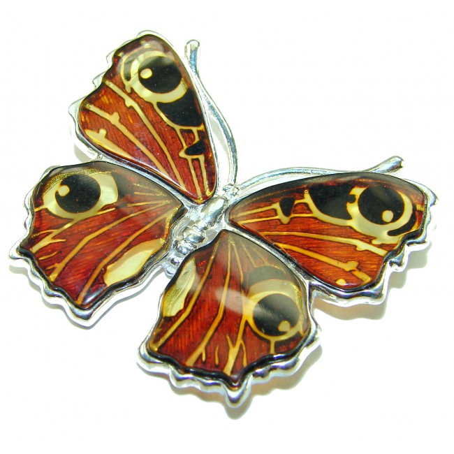 Large Golden Butterfly carved Baltic Polish Amber .925 Sterling Silver handcrafted Pendant