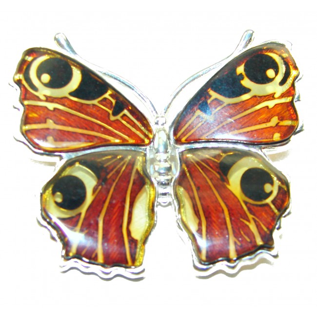 Large Golden Butterfly carved Baltic Polish Amber .925 Sterling Silver handcrafted Pendant