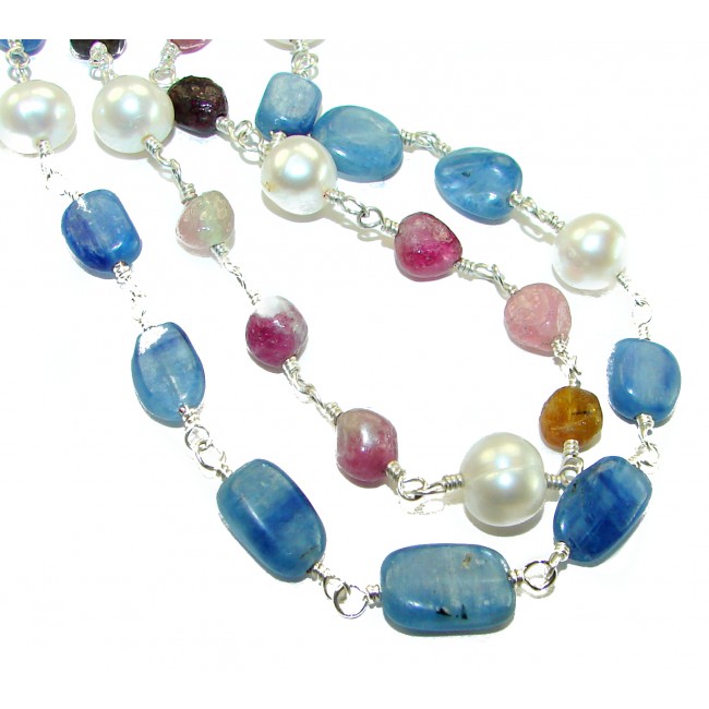 Great Masterpiece genuine Kyanite Ruby Aquamarine .925 Sterling Silver handmade necklace