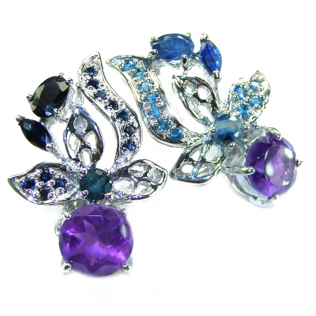 Natural 8.6 carat fancy Amethyst Sapphire rhodium over .925 Sterling Silver handmade earrings