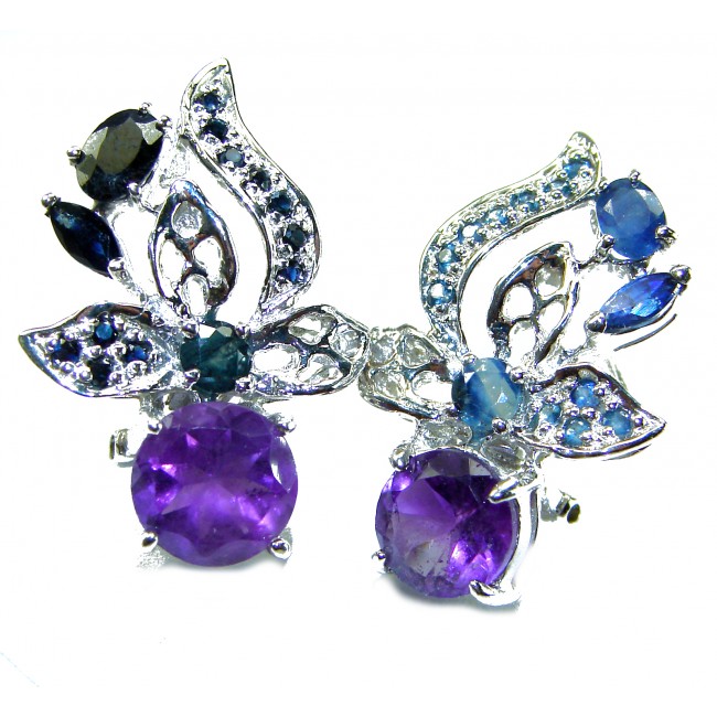 Natural 8.6 carat fancy Amethyst Sapphire rhodium over .925 Sterling Silver handmade earrings