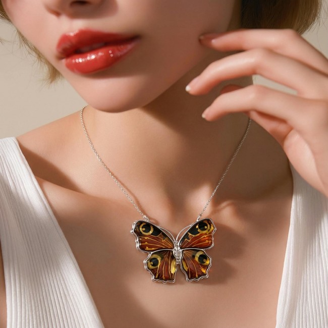 Large Golden Butterfly carved Baltic Polish Amber .925 Sterling Silver handcrafted Pendant