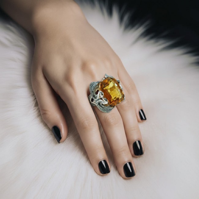 Costa del Sol 29.4 carat Lemon Quartz rhodium over .925 Sterling Silver handcrafted ring size 8 - photo 1