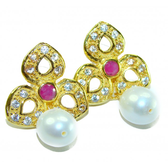 Magnificent Jewel 4.5 carat Ruby 14K Gold over .925 Sterling Silver handcrafted incredible earrings - Elegant earrings with rubies and pearls, front view.