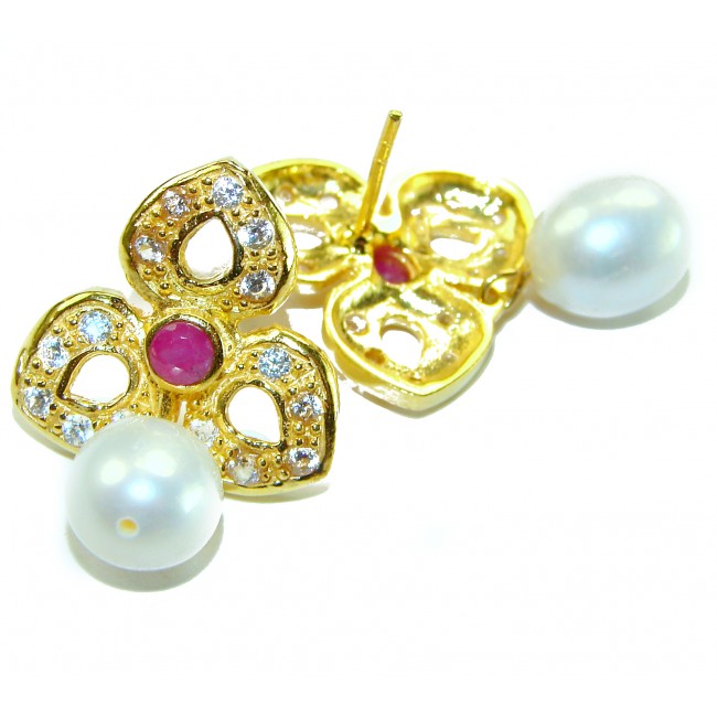 Magnificent Jewel 4.5 carat Ruby 14K Gold over .925 Sterling Silver handcrafted incredible earrings - Earrings with ruby, pearls, and diamonds, close-up view of details.