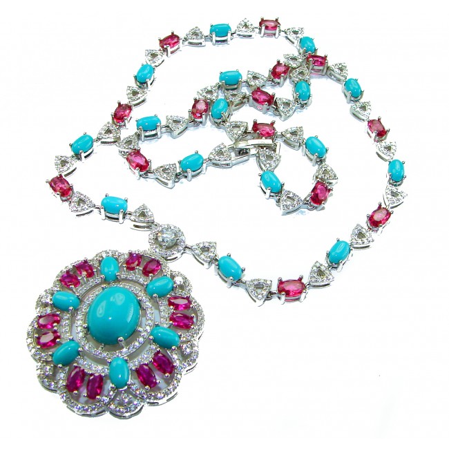 Art Deco - Pacifica - 68.4 carat Sleeping Beauty Turquoise Pink Tourmaline .925 Sterling Silver handmade Statement necklace; 18 inches long