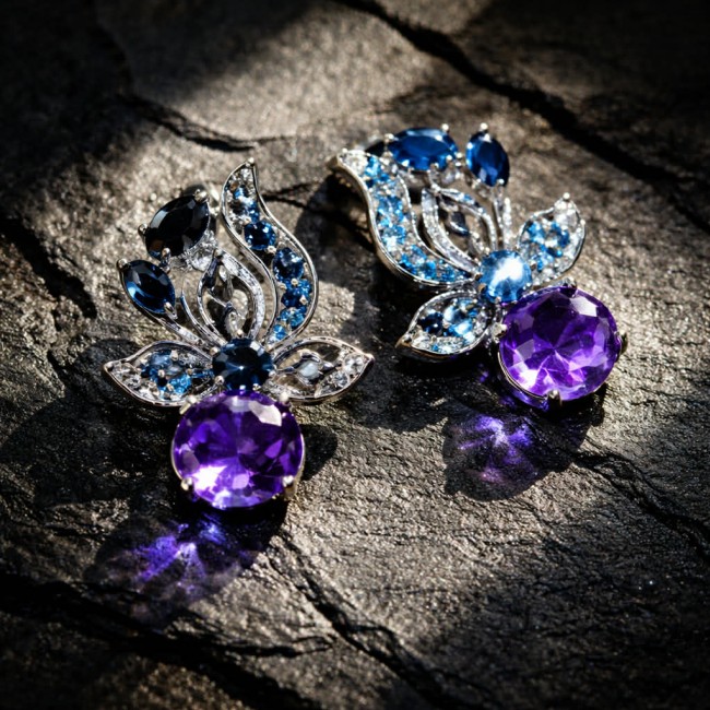 Natural 8.6 carat fancy Amethyst Sapphire rhodium over .925 Sterling Silver handmade earrings