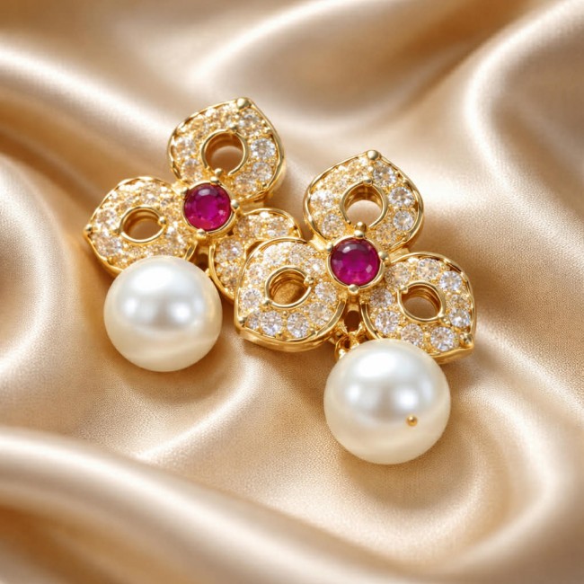 Magnificent Jewel 4.5 carat Ruby 14K Gold over .925 Sterling Silver handcrafted incredible earrings - Gold earrings with rubies and pearls on satin background, close-up view