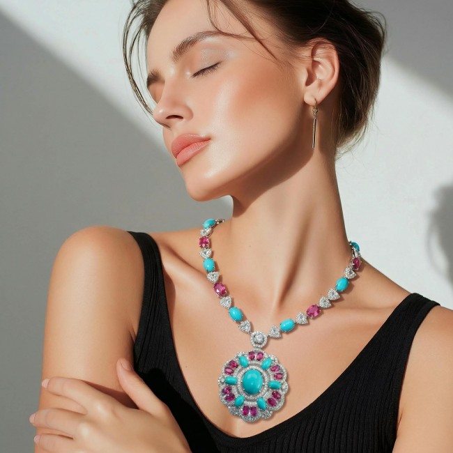 Art Deco - Pacifica - 68.4 carat Sleeping Beauty Turquoise Pink Tourmaline .925 Sterling Silver handmade Statement necklace; 18 inches long