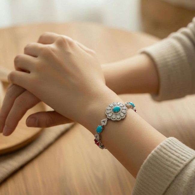 Art Deco - Pacifica - 18.4 carat Sleeping Beauty Turquoise Pink Tourmaline .925 Sterling Silver handmade Statement Bracelet