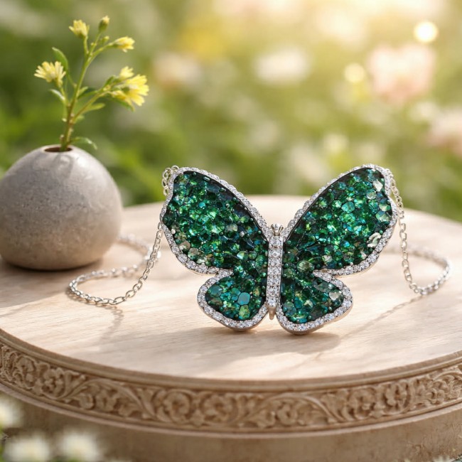 Butterfly 22.2 carat Natural Colombian Emerald .925 Sterling Silver handcrafted Statement necklace