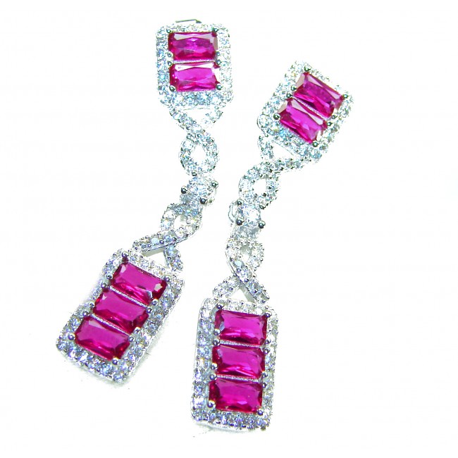 Art Deco - Giovanna - Magnificent Jewel 6.5 carat Ruby .925 Sterling Silver handcrafted incredible earrings - Close-up of Art Deco earrings with rubies and diamonds