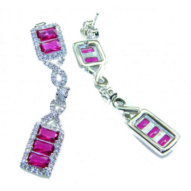 Art Deco - Giovanna - Magnificent Jewel 6.5 carat Ruby .925 Sterling Silver handcrafted incredible earrings - Art Deco earrings with rubies and diamonds, close-up view.