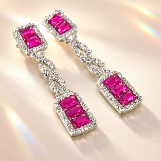 Art Deco - Giovanna - Magnificent Jewel 6.5 carat Ruby .925 Sterling Silver handcrafted incredible earrings - Art Deco ruby earrings with diamond accents, top view.