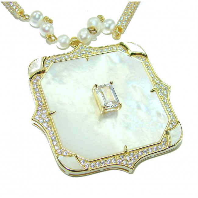 Precious natural creamy Blister Pearl 5.2 carat White Sapphire 18K Gold over .925 Sterling Silver Necklace - photo 3
