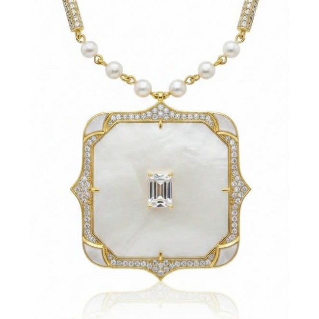 Precious natural creamy Blister Pearl 5.2 carat White Sapphire 18K Gold over .925 Sterling Silver Necklace - photo 1