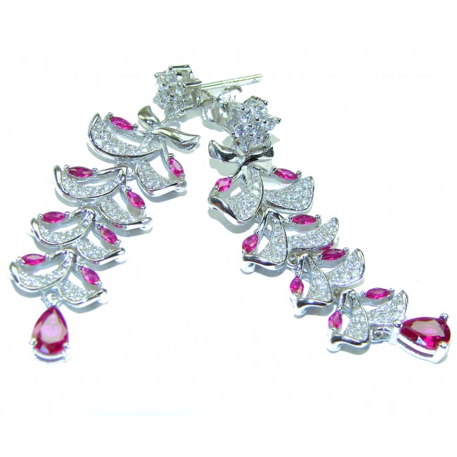 Art Deco - Giovanna - Magnificent Jewel 4.5 carat Ruby .925 Sterling Silver handcrafted earrings - Art Deco ruby earrings, side view, showcasing detailed stones.