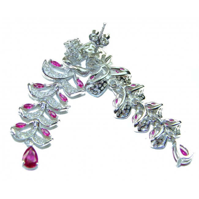 Art Deco - Giovanna - Magnificent Jewel 4.5 carat Ruby .925 Sterling Silver handcrafted earrings - Art Deco earrings with rubies and diamonds, angled view.