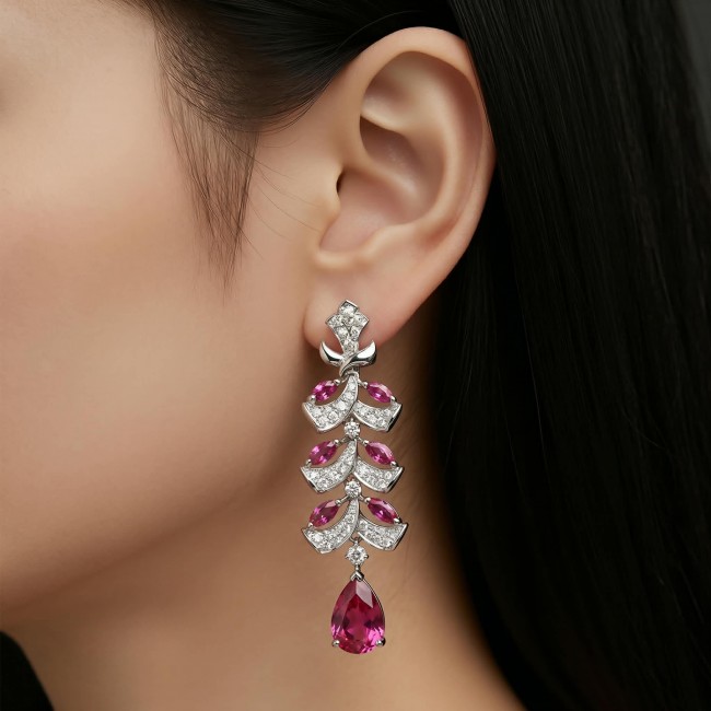 Art Deco - Giovanna - Magnificent Jewel 4.5 carat Ruby .925 Sterling Silver handcrafted earrings - Side view of Art Deco earrings with rubies and diamonds worn on ear.