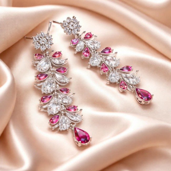 Art Deco - Giovanna - Magnificent Jewel 4.5 carat Ruby .925 Sterling Silver handcrafted earrings - Elegant Art Deco earrings with ruby and diamond stones on satin background