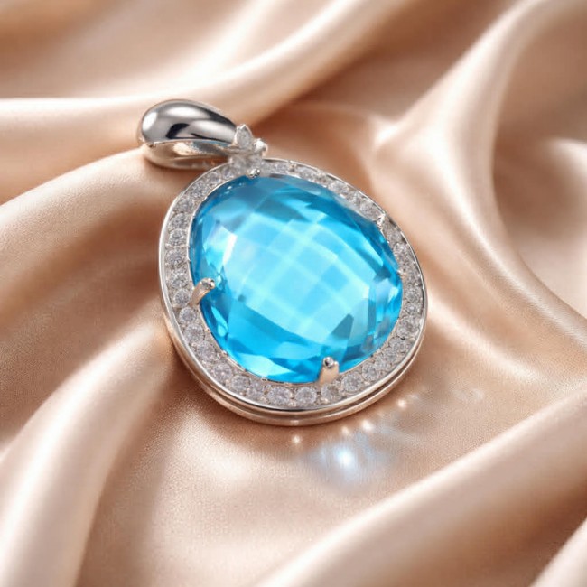 Vintage style 10.8 carat Swiss Blue Topaz .925 Sterling Silver DIPPED IN RHODIUM handmade Pendant - photo 2