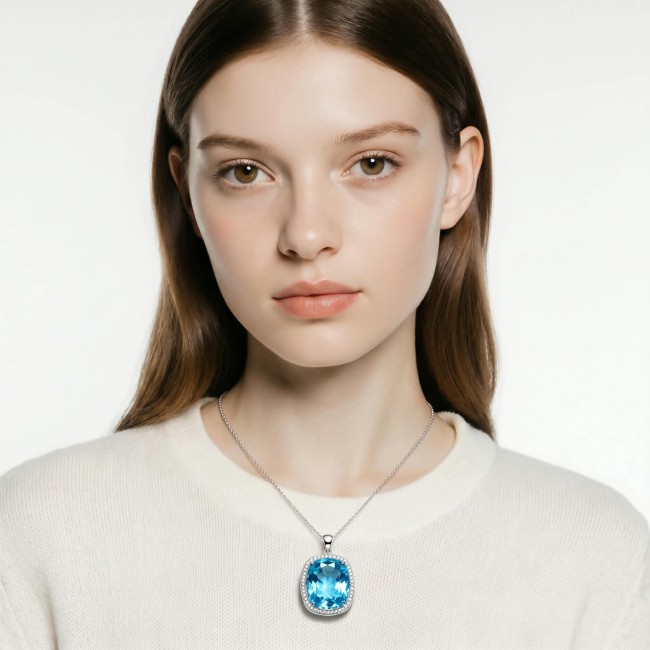 Vintage style 10.8 carat Swiss Blue Topaz .925 Sterling Silver DIPPED IN RHODIUM handmade Pendant - photo 1