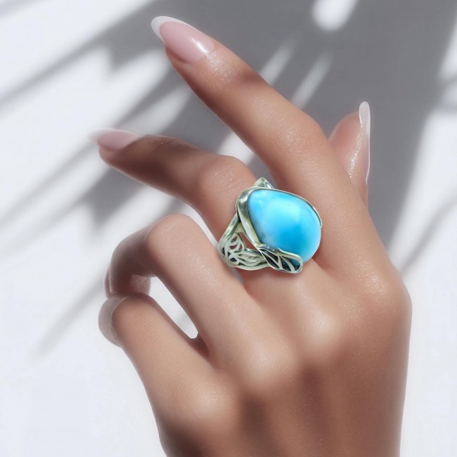 16.9 carat Blue Perfection natural Larimar .925 Sterling Silver handmade Large ring size 6 adjustable