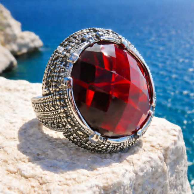 Red Cascade Authentic 25.4 carat Garnet .925 Sterling Silver brilliantly handcrafted large Statement Ring size 7