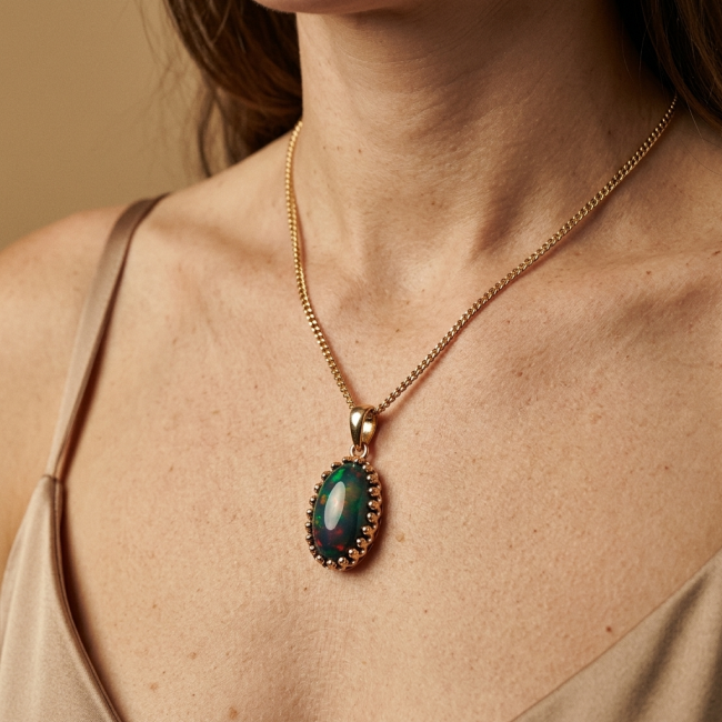 Black Galaxy 14.5 ctw Authentic Black Opal 18K Gold over .925 Sterling Silver handmade Pendant