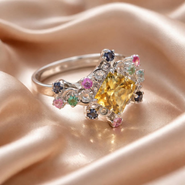 Golden Treasure 4.5 carat Citrine Amethyst .925 Sterling Silver Handcrafted Ring size 7