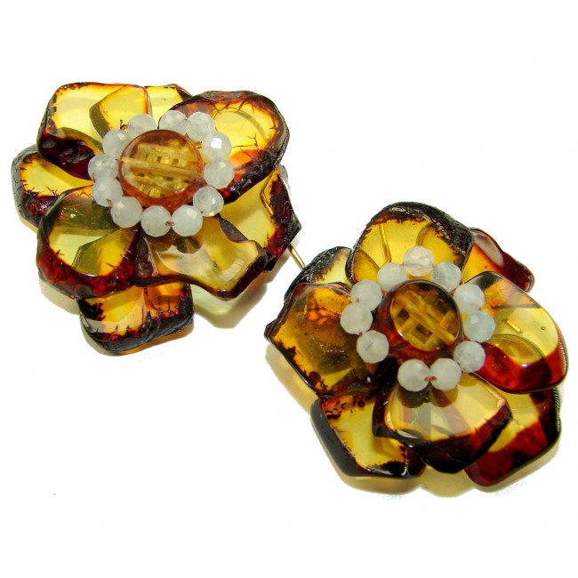 Summer Flowers Wonderful natural Baltic Amber 14K Gold over .925 Sterling Silver entirely handcrafted earrings
