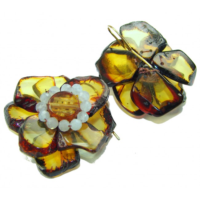 Summer Flowers Wonderful natural Baltic Amber 14K Gold over .925 Sterling Silver entirely handcrafted earrings