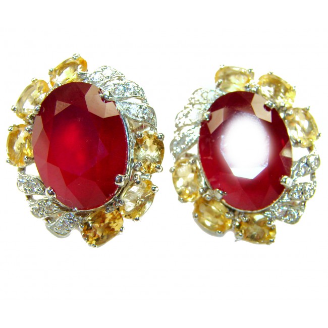 Black Lable Collection - Blooming Roses Authentic 28.9 carat Mozambique Ruby Rhodium over .925 Sterling Silver brilliantly handcrafted earrings