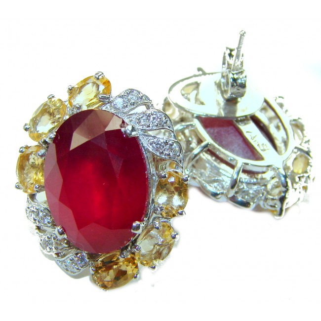 Black Lable Collection - Blooming Roses Authentic 28.9 carat Mozambique Ruby Rhodium over .925 Sterling Silver brilliantly handcrafted earrings