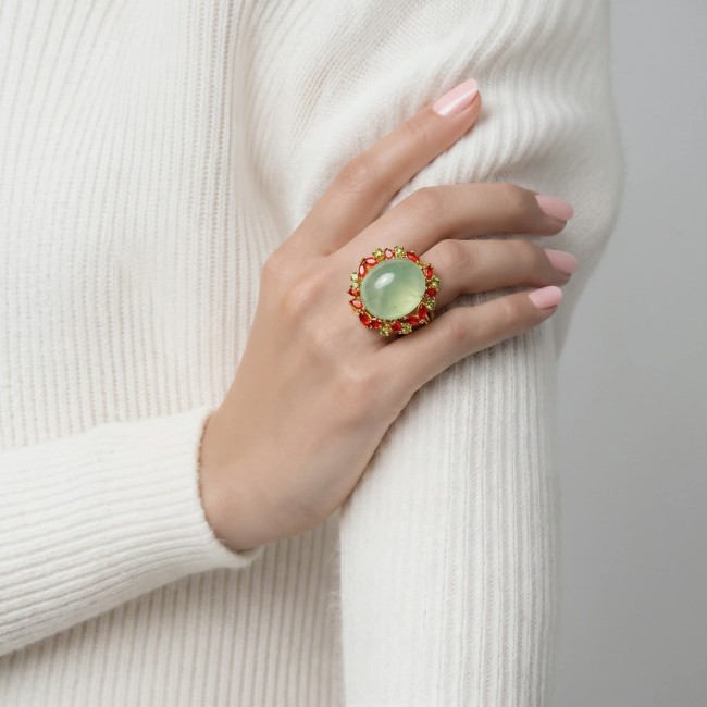 Vintage Style Best quality 27.8 carat Prehnite 18K Gold over .925 Sterling Silver handcrafted Ring Size 6