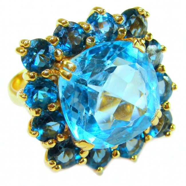 Pacifica - Authentic 20.8 carat Swiss Blue Topaz Sapphire 22K Gold over .925 Sterling Silver handcrafted Large Statement ring size 6 3/4