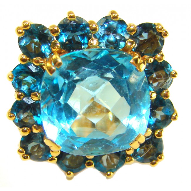 Pacifica - Authentic 20.8 carat Swiss Blue Topaz Sapphire 22K Gold over .925 Sterling Silver handcrafted Large Statement ring size 6 3/4