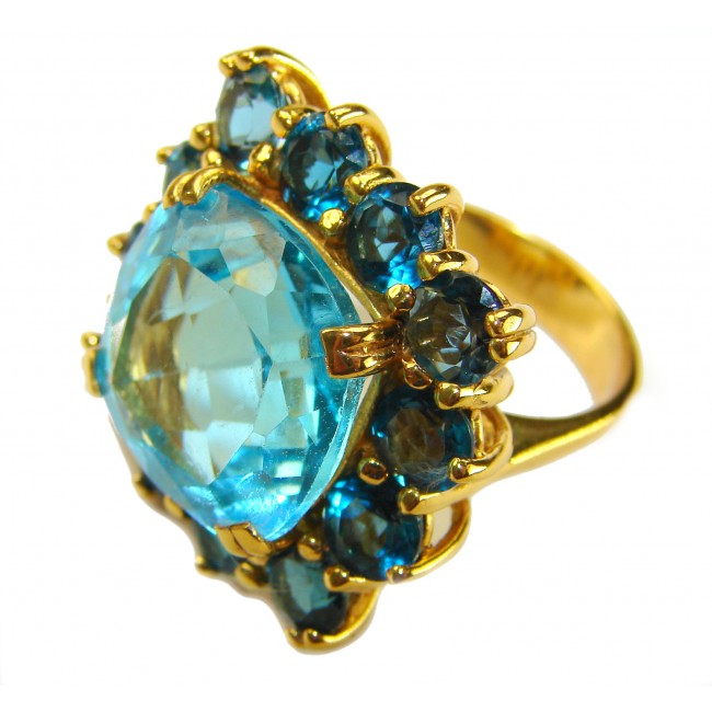 Pacifica - Authentic 20.8 carat Swiss Blue Topaz Sapphire 22K Gold over .925 Sterling Silver handcrafted Large Statement ring size 6 3/4