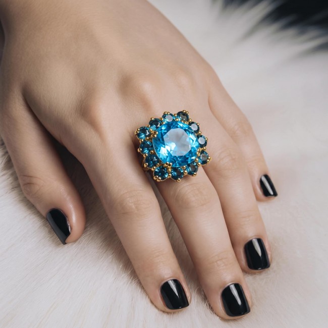 Pacifica - Authentic 20.8 carat Swiss Blue Topaz Sapphire 22K Gold over .925 Sterling Silver handcrafted Large Statement ring size 6 3/4