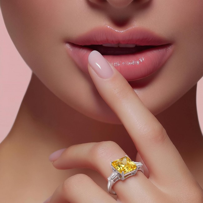 Splendid emerald cut 10.2 carat yellow Sapphire .925 Sterling Silver brilliantly handcrafted ring s. 6 1/4 - photo 1