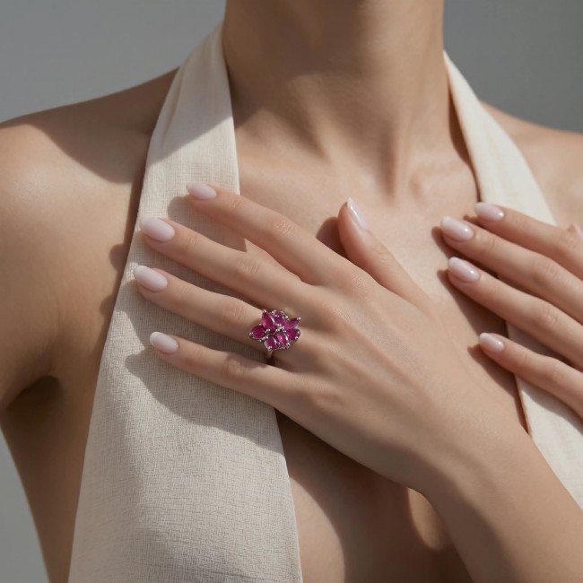 Giovanna -7.5 carat Ruby .925 Sterling Silver handcrafted incredible ring s. 7 - Ruby ring on hand, front view, showcasing 7.5 carat stone and design.