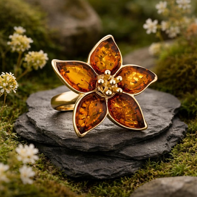 Summer Friday Authentic Baltic Amber 18K Gold over .925 Sterling Silver handcrafted ring; s. 7 adjustable